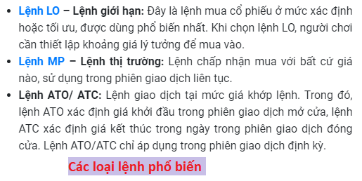 đầu tư cổ phiếu là gì, các lệnh phổ biến