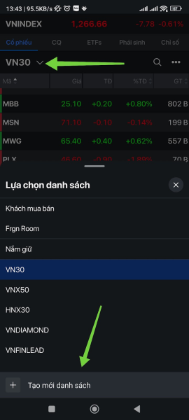giá chứng khoán - Thêm các chứng khoán muốn theo dõi vào danh sách