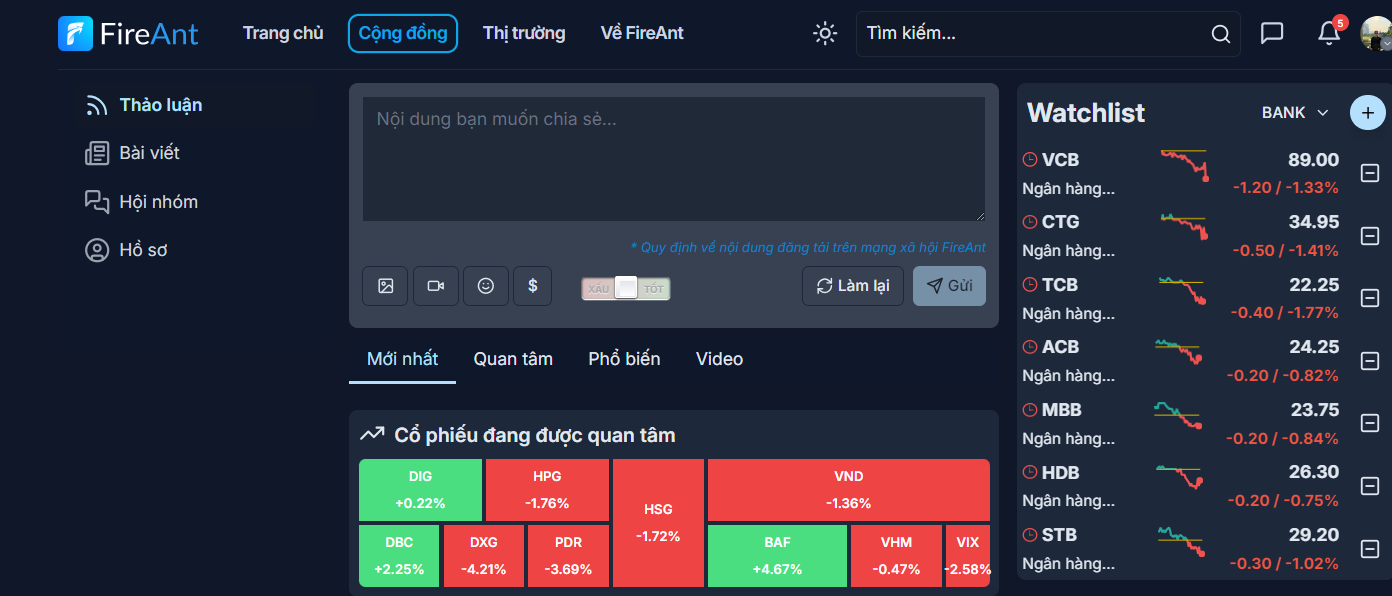 Giao diện web chứng khoán FireAnt.vn (1)