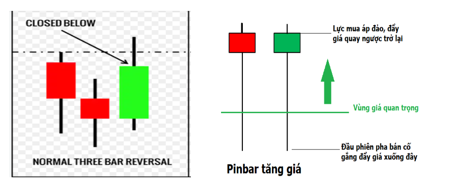 chiến thuật 3 cây nến cách sử dụng - Hình minh họa bộ 3 nến tăng gộp lại thành nến pinbar tăng giá